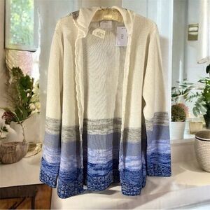 Hooded Cardigan Cotton Blend Large White Blue Gray